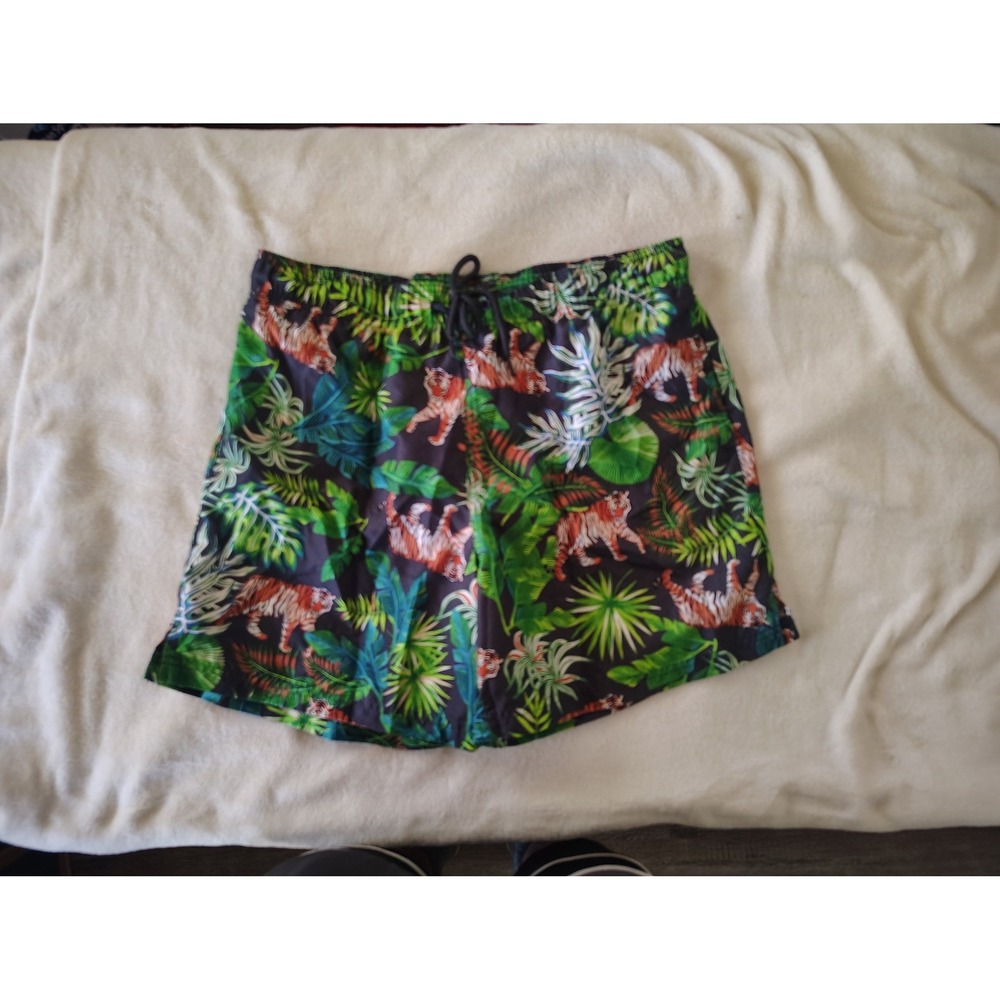 George Mens Tiger Jungle Print Swim Trunks  Green Floral Board Shorts L 36-38